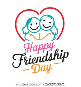Happy Friendship Day greeting card design featuring two smiling children embracing within a heart.  Perfect for social media, cards, or prints celebrating friendship.