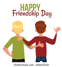 Happy friendship day greeting card with back view of two men, friends hugging, cartoon vector illustration on white background. Back view portrait of male friends, friendship day greeting card