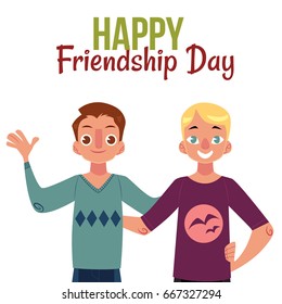 Happy friendship day greeting card design with two men, friends hugging each other, cartoon vector illustration on white background. Half length portrait of male friends, friendship day greeting card