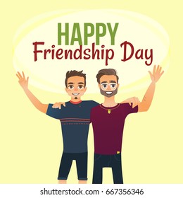 Happy friendship day greeting card design with two men, friends hugging each other, cartoon vector illustration on white background. Half length portrait of men, friendship day greeting card