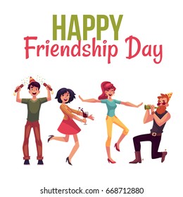 Happy friendship day greeting card design with friends having fun at a party, cartoon vector illustration isolated on white background. Boys and girls dancing, popping party poppers, blowing horns