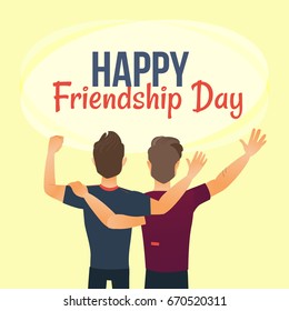 Happy friendship day greeting card with back view of two men, friends hugging, cartoon vector illustration on white background. Back view portrait of male friends, friendship day greeting card