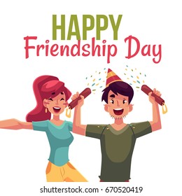 Happy friendship day greeting card design with friends having fun at a party, cartoon vector illustration isolated on white background. Boy and girl dancing, popping party poppers