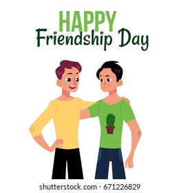 Happy friendship day greeting card design with two men, friends hugging each other, cartoon vector illustration on white background. Half length portrait of male friends, friendship day greeting card