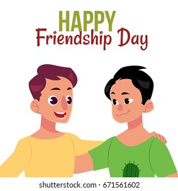 Happy friendship day greeting card design with two men, friends hugging each other, cartoon vector illustration on white background. Half length portrait of male friends, friendship day greeting card