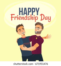 Happy friendship day greeting card design with two men, friends hugging each other, cartoon vector illustration on white background. Half length portrait of male friends, friendship day greeting card