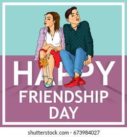 Happy friendship day greeting card design. Boy and girl. Vector illustrations.