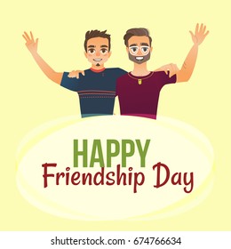 Happy friendship day greeting card design with two men, friends hugging each other, cartoon vector illustration on white background. Half length portrait of male friends, friendship day greeting card