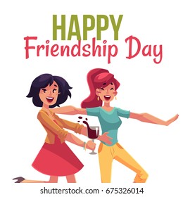 Happy friendship day greeting card design with friends having fun at a party, cartoon vector illustration isolated on white background. girls dancing