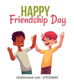 Happy friendship day greeting card design with happy children boys , jumping in excitement, cartoon vector illustrations isolated on white background. Happy, cheerful cartoon style kids
