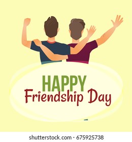 Happy friendship day greeting card with back view of two men, friends hugging, cartoon vector illustration on white background. Back view portrait of male friends, friendship day greeting card