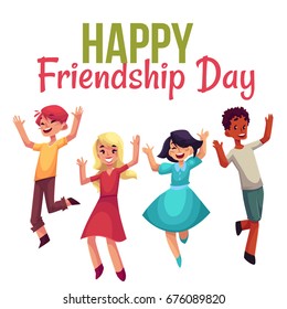 Happy friendship day greeting card design with happy children, boys and girls, jumping in excitement, cartoon vector illustrations isolated on white background. Happy, cheerful cartoon style kids