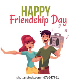 Happy friendship day greeting card design with friends having fun at a party, cartoon vector illustration isolated on white background. Boys and girls dancing