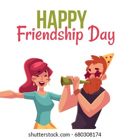 Happy friendship day greeting card design with friends having fun at a party, cartoon vector illustration isolated on white background. Boy and girl dancing, blowing horns