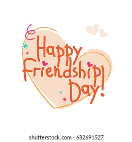 Happy Friendship Day greeting card with calligraphy hand lettering. Hand drawn letters, ribbon, stars, hearts isolated on white background. Elegant vector holiday design.