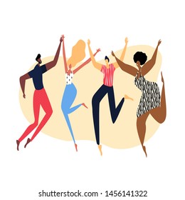 Happy friendship day. A group of different happy friends having fun. Modern bright flat style card for blogs and social media. Motivation and inspiration illustration for invitations, greeting