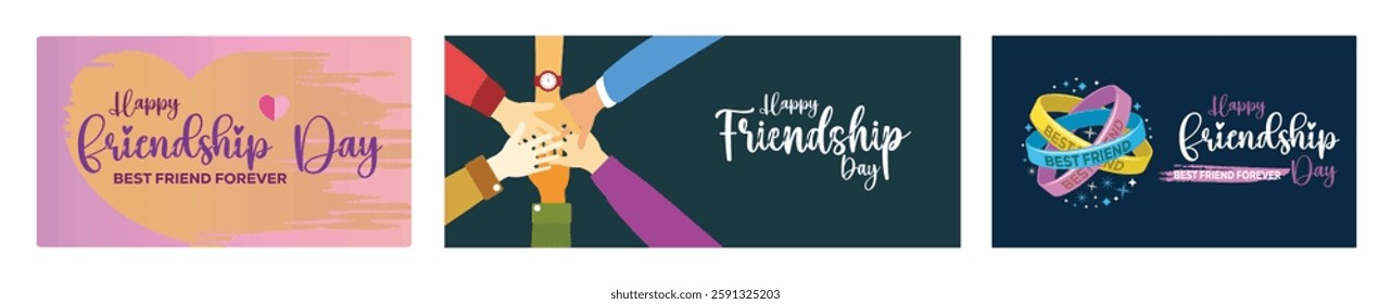 Happy Friendship Day. A group of friends who support each other. Rubber bracelet symbol of Friendship Day. Friendship Day concept. Set flat vector illustration.