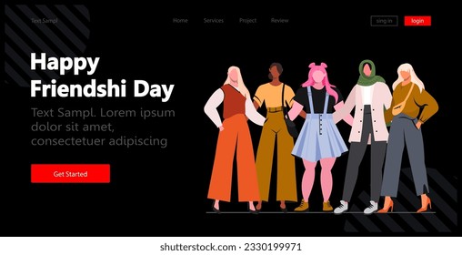 Happy friendship day. Group of young modern women enjoying friendship, support and cooperation. Modern vector concept for website development, social media, template web. Flat vector illustration. 