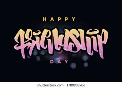 Happy Friendship Day hand drawn Vector lettering. Colorful Design for advertising, poster or greeting card. Best friends forever. Modern inscription of congratulations. Blur bokeh background.