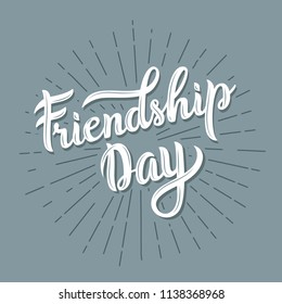 Happy friendship day hand written lettering on blue background. Brush lettering for friendship day. Perfect for advertising, poster or greeting card. EPS 8