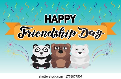 Happy-Freundschaft-Tag handgeschriebener Text mit süßen Bären und Bänderhintergrund; Kalligrafie, Vektorgrafiken, internationale Feiertage.