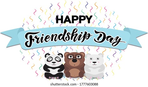 Happy-Freundschaft-Tag handgeschriebener Text mit süßen Bären und Bänderhintergrund; Kalligrafie, Vektorgrafiken, internationale Feiertage.