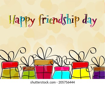 Happy Friendship Day heart background with gift boxes and text.