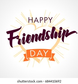 Happy Friendship Day heart and beams light greeting card. Happy Friendship day vector typographic design, inspirational quote about friendship