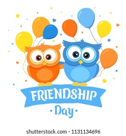 Happy Friendship day, holiday of the best friends. Two funny owls hugging. Greeting card with orange and blue owl and ballons