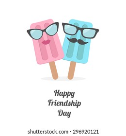 Happy Friendship Day Ice cream couple with lips, mustaches and eyeglasses. Flat design Vector illustration.