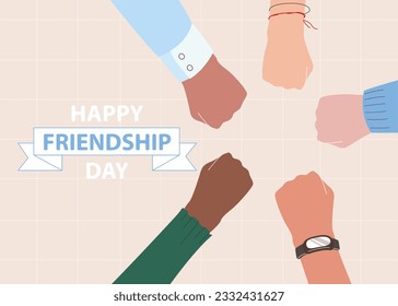 Happy Friendship Day illustration banner. Friends with stack of hands showing unity and teamwork, top view. People putting their hands together. Flat design, vector concept