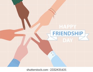 Happy Friendship Day illustration banner. Friends with fingers star, hands, showing unity and teamwork, top view. People putting their hands together. Flat design, vector concept