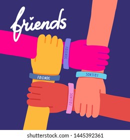 Happy friendship day illustration. Colorful four hands crossed together on dark blue background.Vector illustration of friendship with lettering text Friends.Holiday of togetherness, unity,having fun.