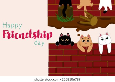 Happy Friendship Day Illustration with Cute Cartoon Cats  on a Brick Wall