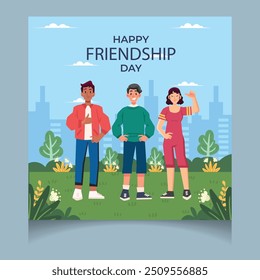 Happy friendship day illustration with diverse friend group of people hugging together for special event celebration.