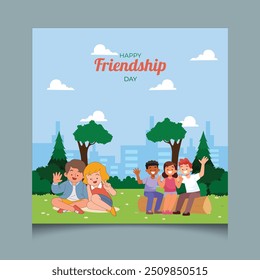 Happy friendship day illustration with diverse friend group of people hugging together for special event celebration.