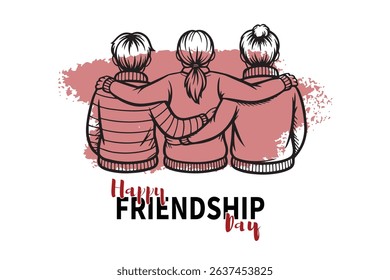 Happy Friendship Day illustration featuring three friends embracing in sweaters against a painted background.