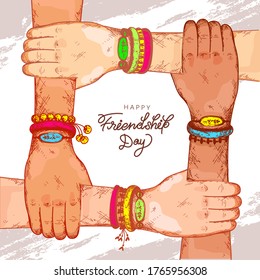 Happy Friendship Day illustration. Friends with stack of hands showing unity and teamwork, top view. People putting their hands together. Flat design, vector concept