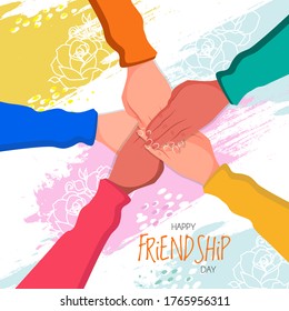 Happy Friendship Day illustration. Friends with stack of hands showing unity and teamwork, top view. People putting their hands together. Flat design, vector concept