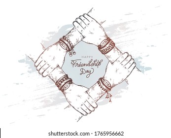 Happy Friendship Day illustration. Friends with stack of hands showing unity and teamwork, top view. People putting their hands together. Flat design, vector concept