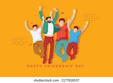 Happy Friendship Day Illustration. Friends With Stack Of Hands Showing Unity And Teamwork, Top View. Females Friends Hug Each Other All Together 