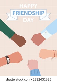 Happy Friendship Day illustration. Friends with stack of fists showing unity and teamwork, top view. People putting their hands together. Flat design, vector concept