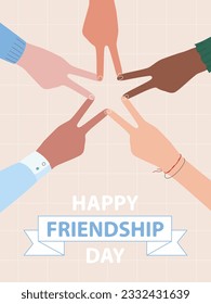 Happy Friendship Day illustration. Friends with hands, fingers in the shape of star showing unity and teamwork, top view. People putting their hands together. Flat design, vector concept