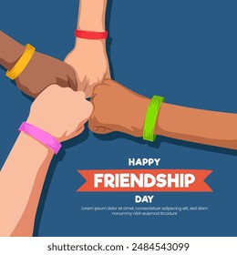 Happy Friendship Day illustration. Friends with stack of hands showing unity and teamwork, top view. People putting their hands together. Flat design