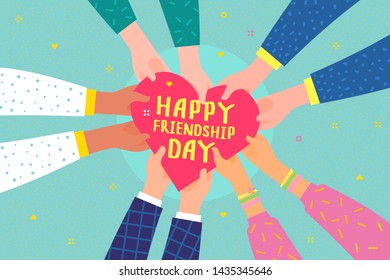 Happy Friendship Day illustration. Hands hold heart with text. Flat design, vector illustration