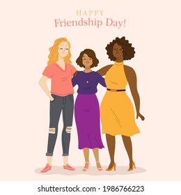 Happy friendship day illustration. Kids hands crossed together on yellow background. Vector illustration of international friendship. Holiday of togetherness, unity and having fun with friends.EPS 10