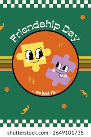 Happy Friendship Day illustration with two puzzle piece characters smiling at each other. Bright, playful, and retro cartoon style. Ideal for kids content, friendship-themed designs, or social graphic