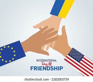 Happy friendship day illustration. USA, Ukraine and EU hands crossed together on white background. Vector illustration of international friendship. Holiday of togetherness, unity with friends.
