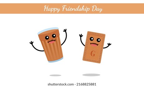 Happy Friendship Day India, A glass of tea and a biscuit cute character vector on white background.