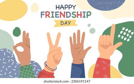 Feliz Día de la amistad. Festividad internacional y festival 30 de julio. Las manos muestran gestos amistosos y alegres. Jóvenes hombres y mujeres, estudiantes y adolescentes. Dibujo vectorial plano de dibujos animados